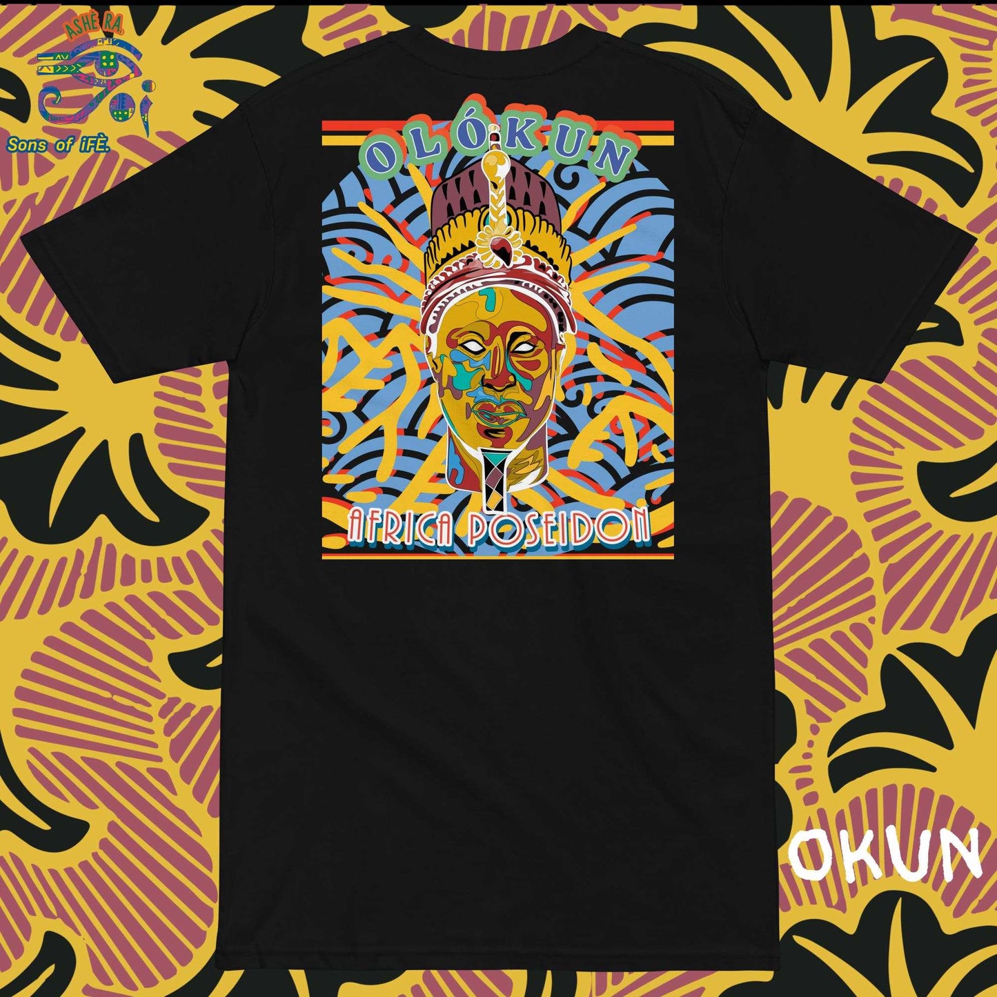 OKUN - Men Premium Heavyweight Tee - Unique Handmade Art with African Yoruba God OLOKUN The Africa's Poseidon - Santeria, Lukumi, Isese