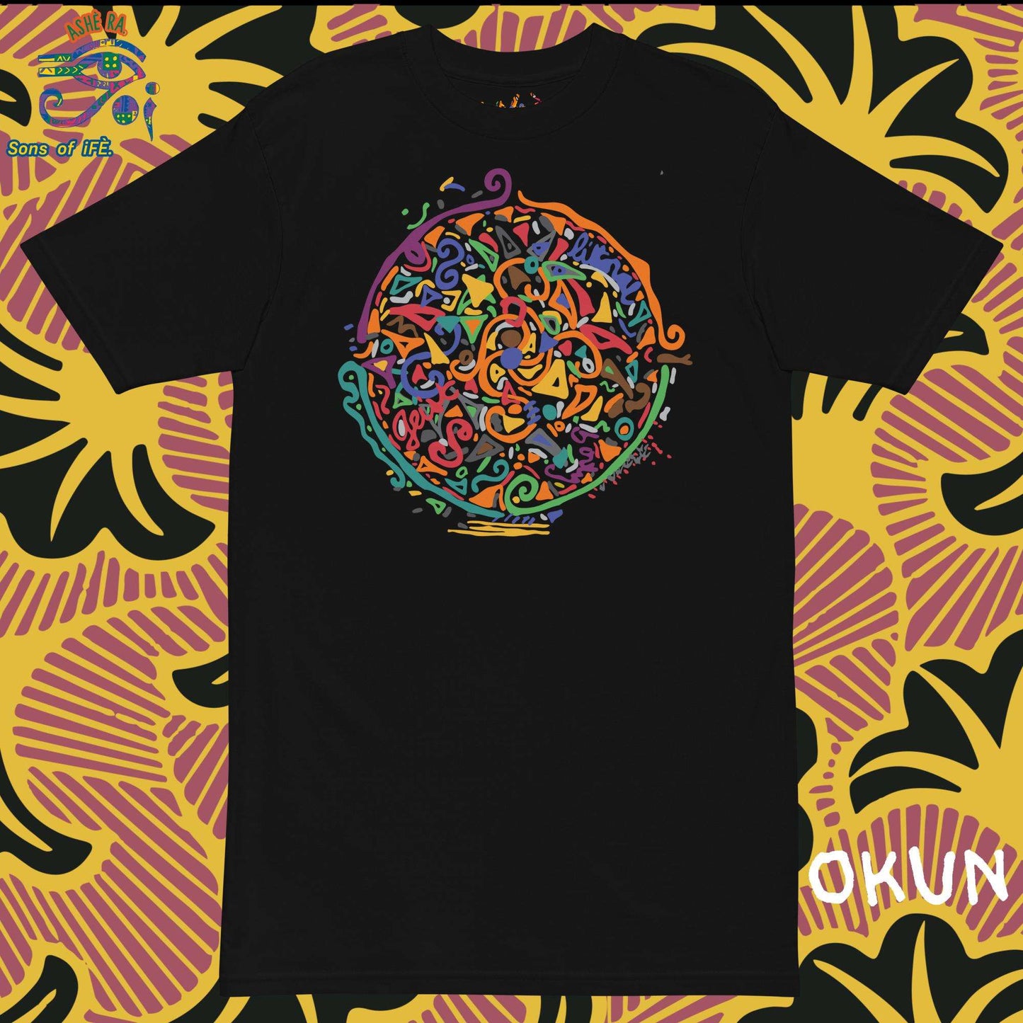 OKUN - Men Premium Heavyweight Tee - Unique Handmade Art with African Yoruba God OLOKUN The Africa's Poseidon - Santeria, Lukumi, Isese
