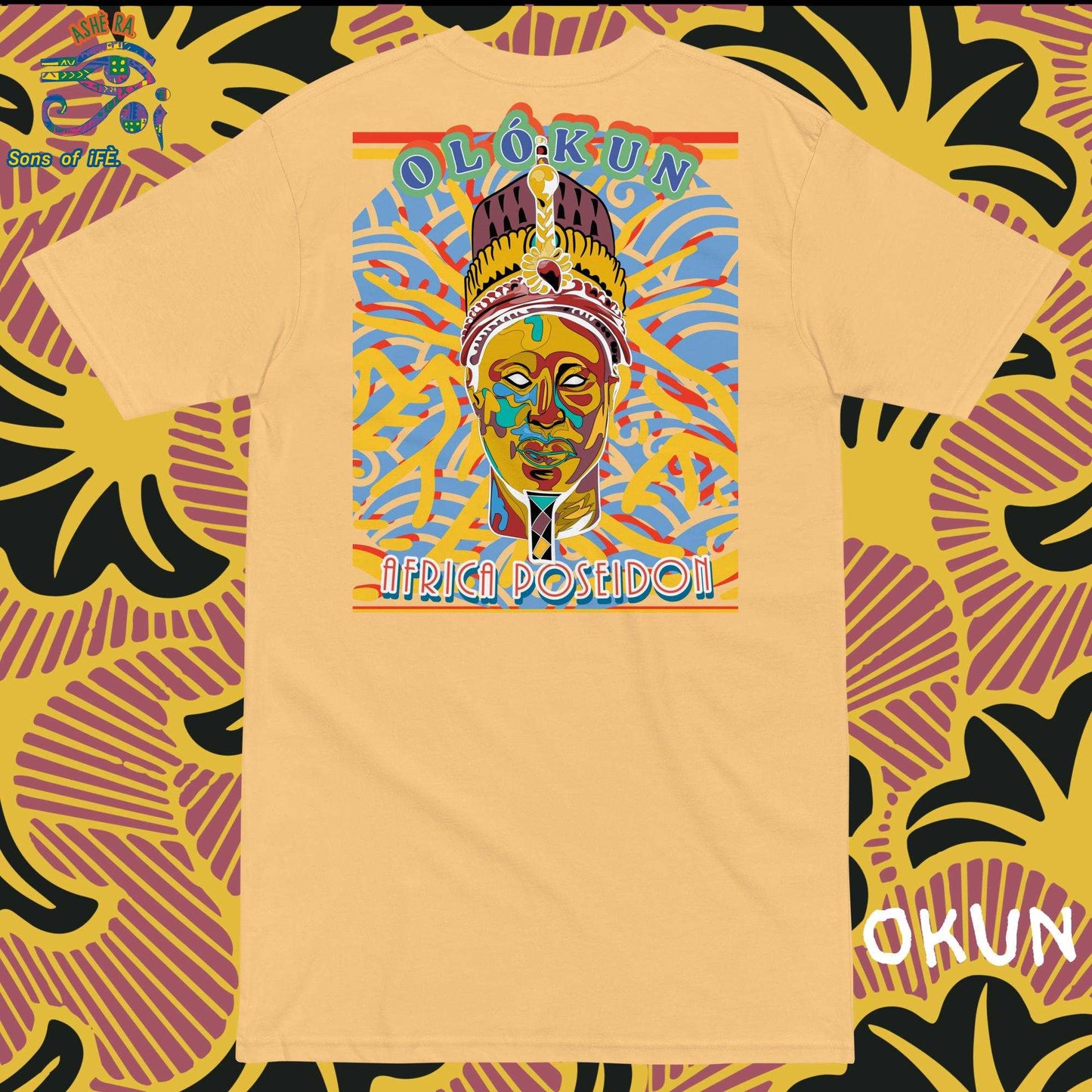 OKUN - Men Premium Heavyweight Tee - Unique Handmade Art with African Yoruba God OLOKUN The Africa's Poseidon - Santeria, Lukumi, Isese