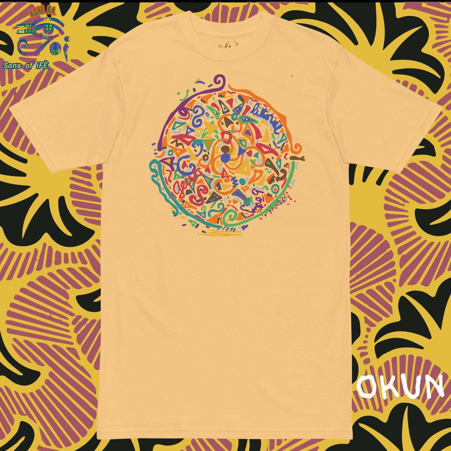 OKUN - Men Premium Heavyweight Tee - Unique Handmade Art with African Yoruba God OLOKUN The Africa's Poseidon - Santeria, Lukumi, Isese
