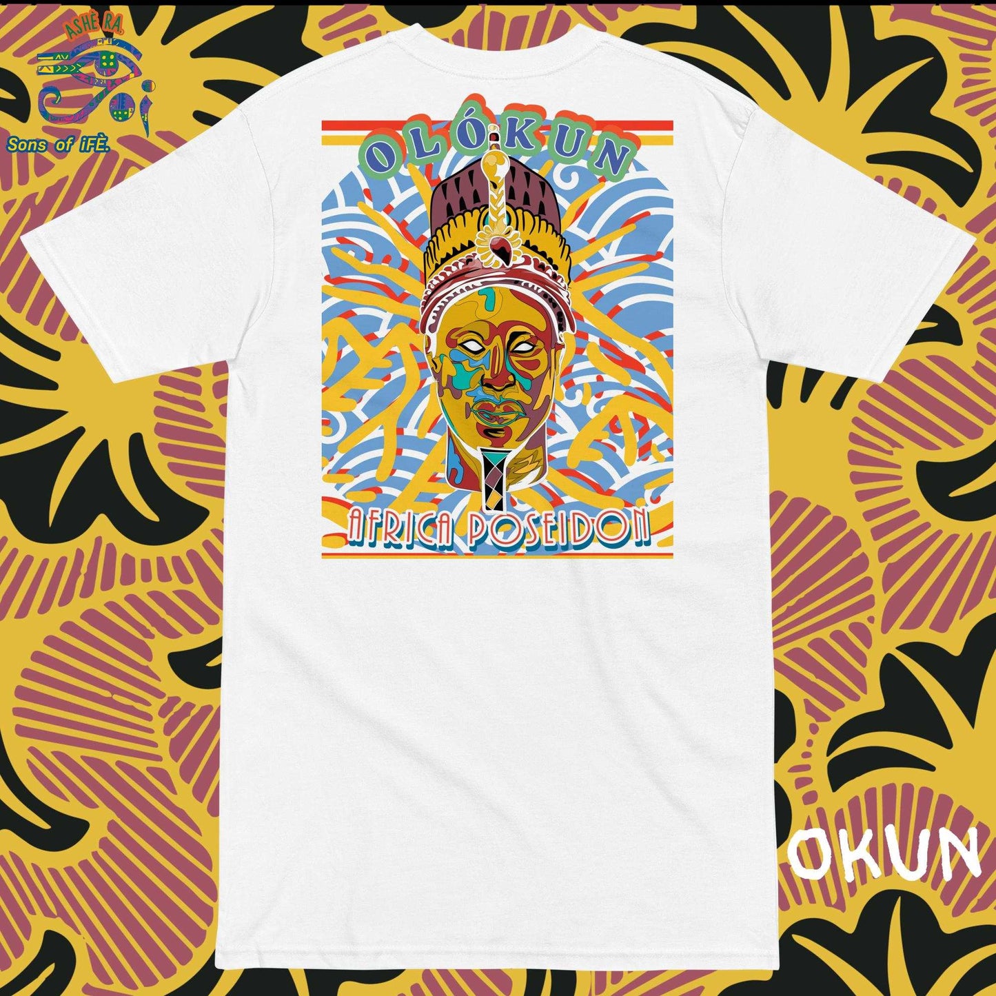 OKUN - Men Premium Heavyweight Tee - Unique Handmade Art with African Yoruba God OLOKUN The Africa's Poseidon - Santeria, Lukumi, Isese