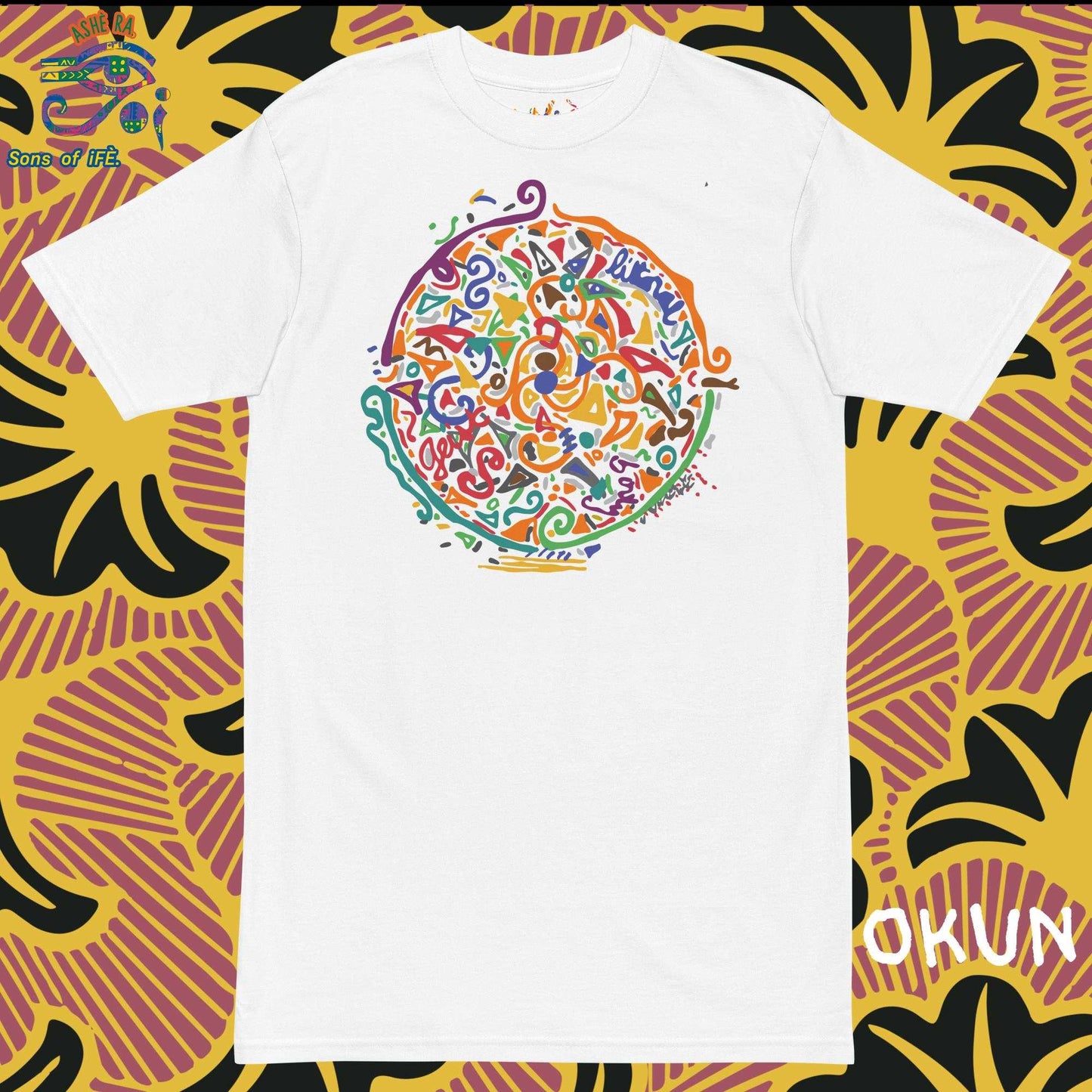 OKUN - Men Premium Heavyweight Tee - Unique Handmade Art with African Yoruba God OLOKUN The Africa's Poseidon - Santeria, Lukumi, Isese