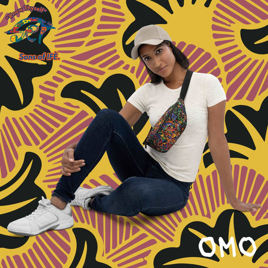 OMO - Black Fanny Pack - Handmade Graffiti Art with ancient African Style Tag - Chop Money, Coachella, Conscious Daily Essentials