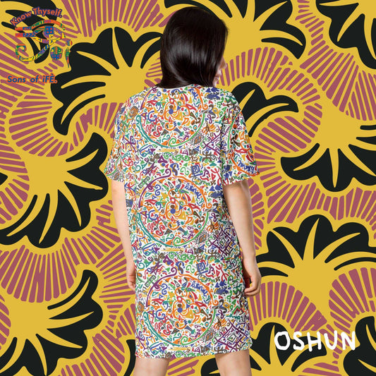 OSHUN - White Oversize Goddess Tee-Shirt Dress - Unique African Handmade Artwork prints - Coachella Fashion Festival Summer Essentials
