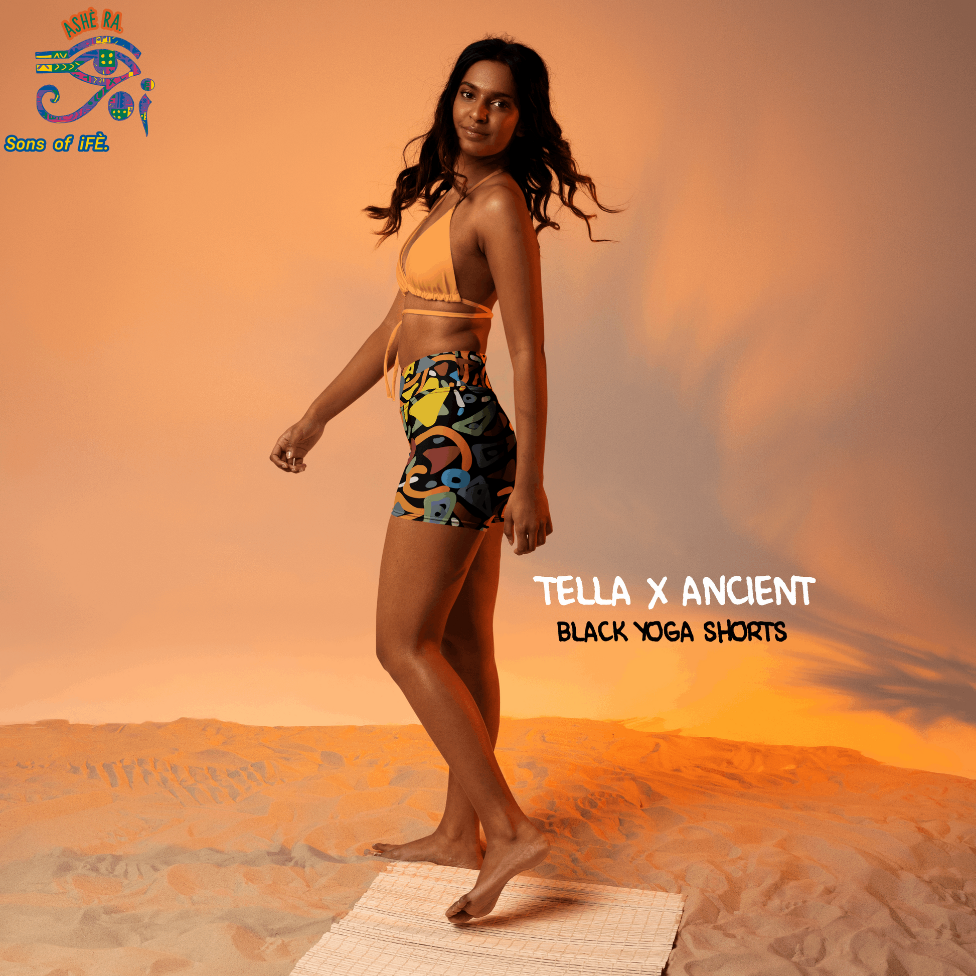 TELLA x Ancient - Black Colourful Yoga Shorts - Unique Handmade African Artworks prints - Coachella, Halloween, Conscious Summer Essentials