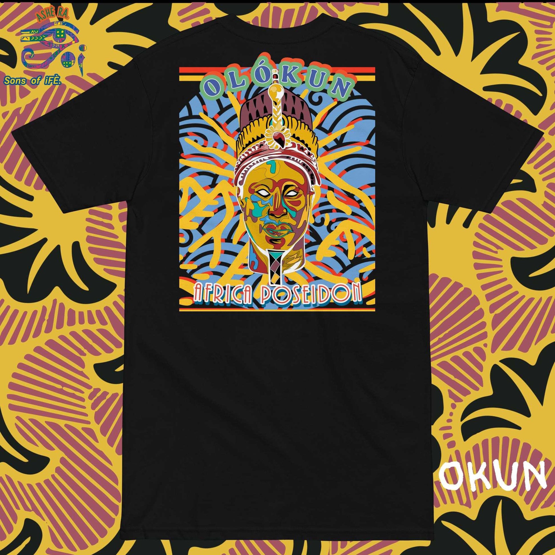 OKUN - Men Premium Heavyweight Tee - Unique Handmade Art with African Yoruba God OLOKUN The Africa's Poseidon - Santeria, Lukumi, Isese