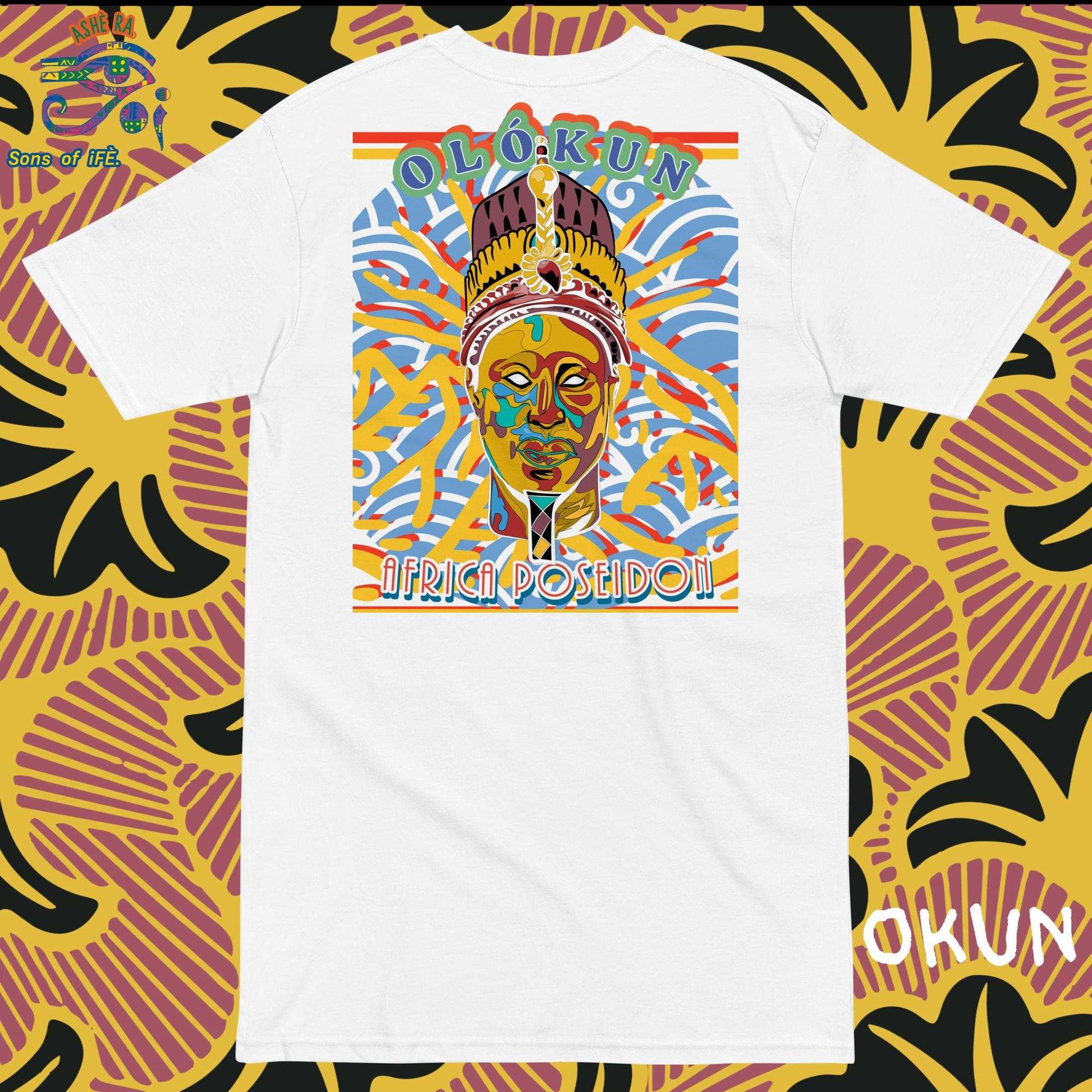OKUN - Men Premium Heavyweight Tee - Unique Handmade Art with African Yoruba God OLOKUN The Africa's Poseidon - Santeria, Lukumi, Isese