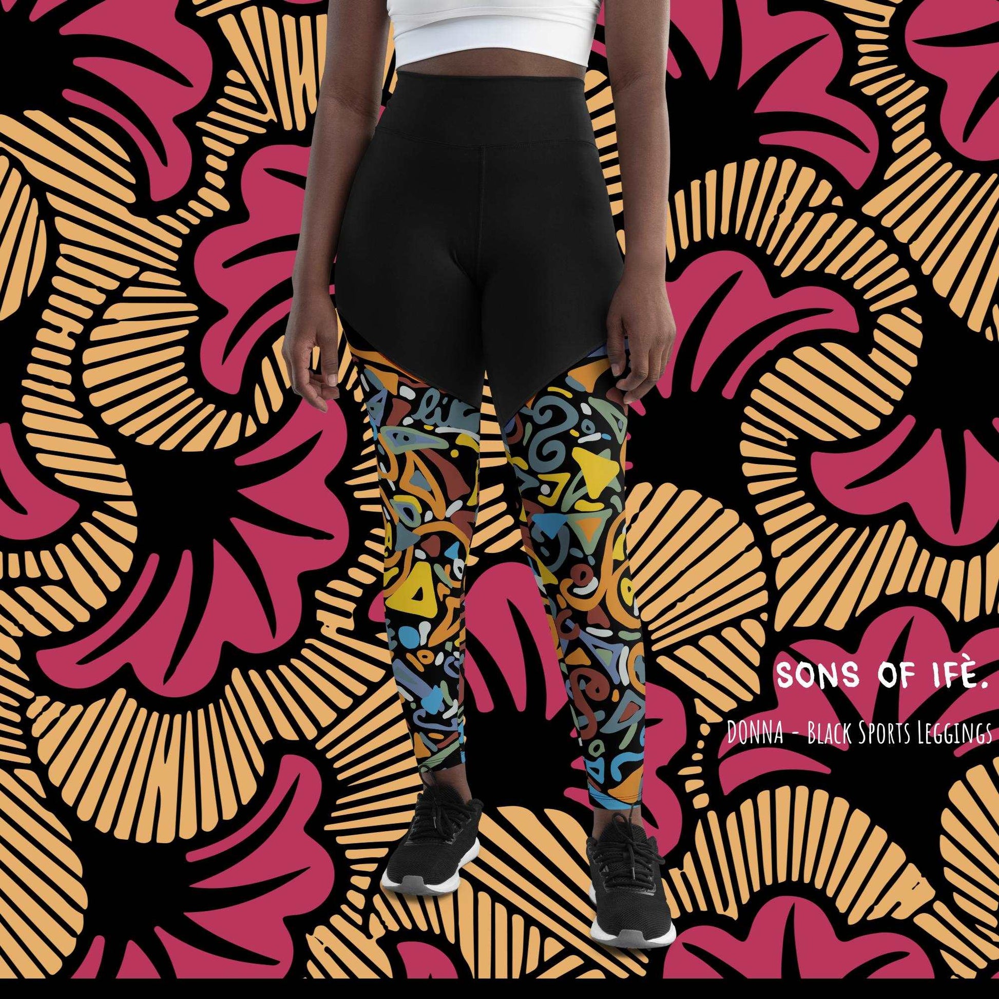 DONNA x Ancient - Black Sports Leggings - Unique Handmade Art with Unique designs prints - Coachella, Afro Nation, Festivals, Workout Summer Essentials