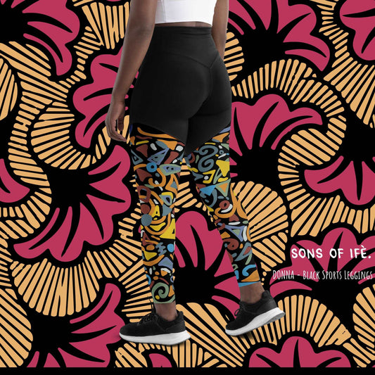 DONNA x Ancient - Black Sports Leggings - Unique Handmade Art with Unique designs prints - Coachella, Afro Nation, Festivals, Workout Summer Essentials